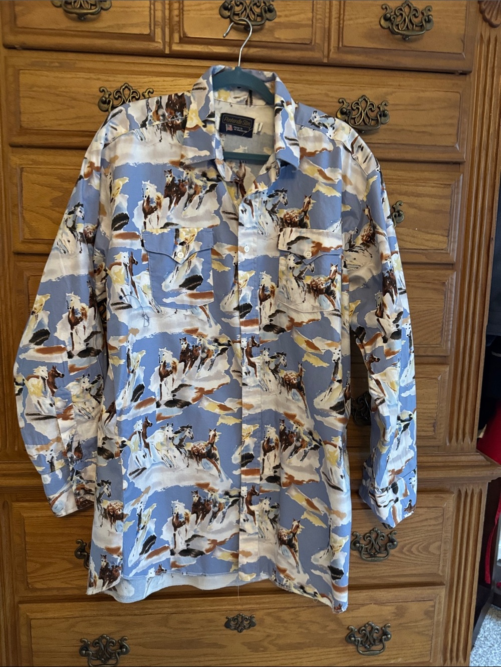 Panhandle Slim Blue Horse Print Casual Button-Down Shirt
